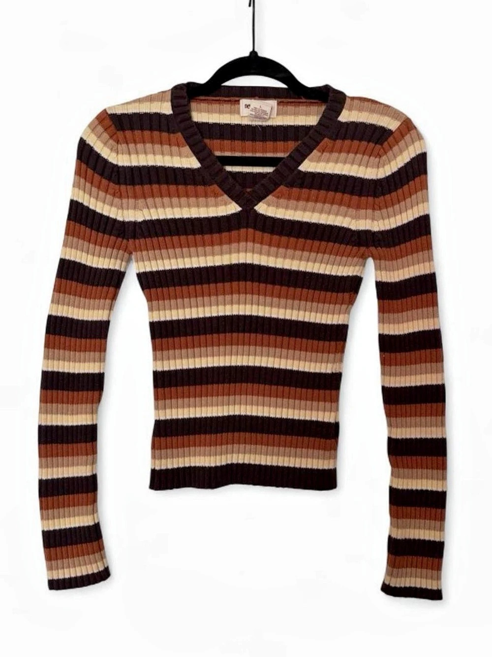 Vintage Y2K brown orange cream fall striped v-neck sweater size large